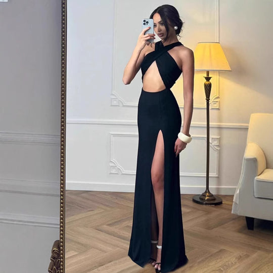 Damen Elegantes Bodycon Maxikleid mit tiefem Schlitz und raffiniertem Trägerdesign EB