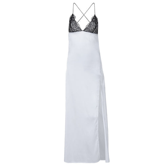 Damen Elegantes Spitzen-Maxikleid mit tiefem Schlitz und Spaghetti-Trägern EB