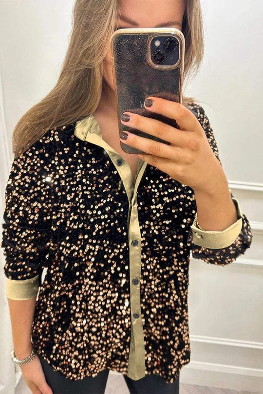 Damen Glitzernde Bluse aus Pailletten mit klassischem Kragen EB