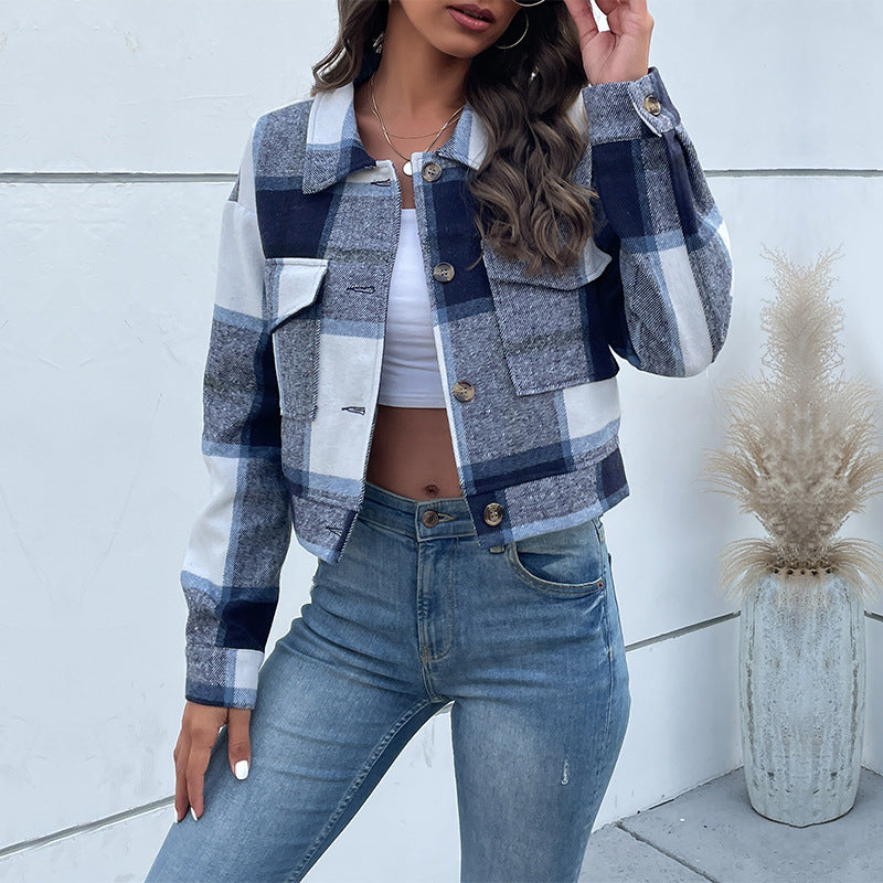 Damen Karierte Denimjacke mit Knöpfen und Brusttaschen EB