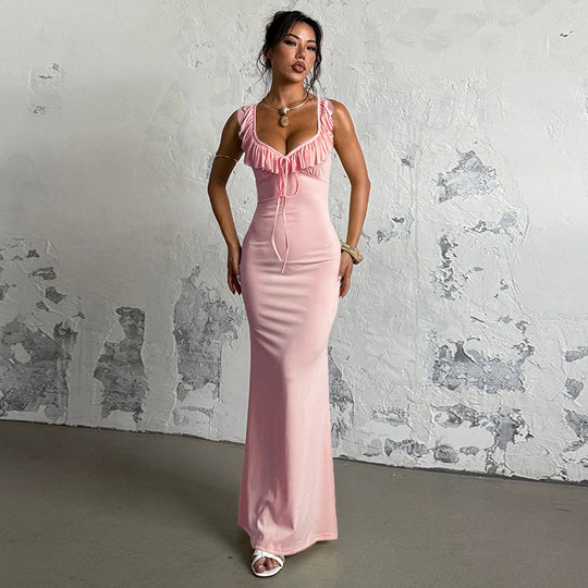 Damen figurbetontes Maxikleid mit Rüschendetails und tiefem Ausschnitt EB