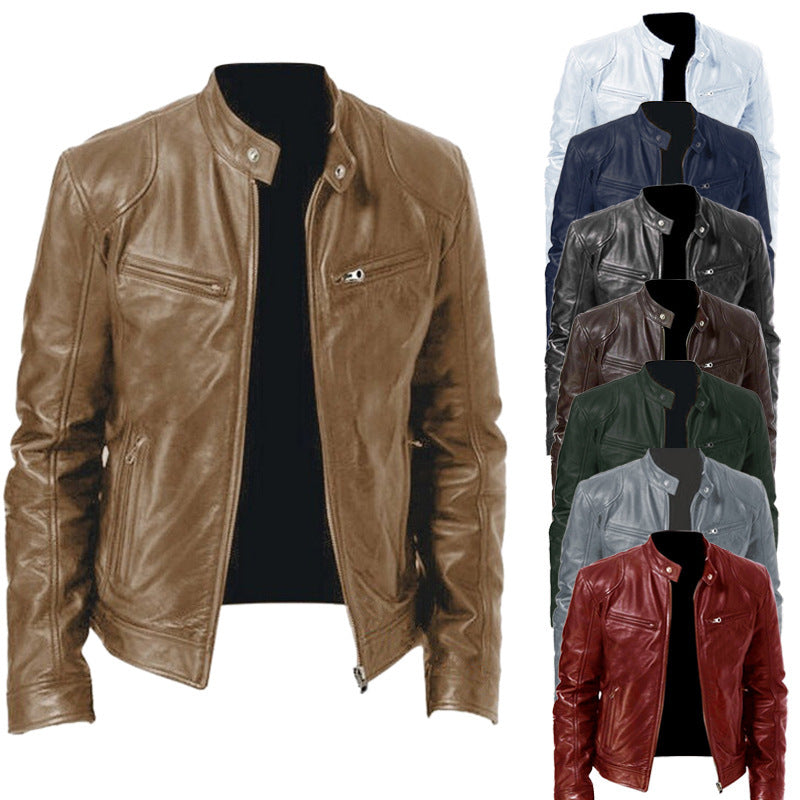 Herren nan schlanke Echtleder-Bikerjacke mit Stehkragen, zwei Brust-Reißverschlusstaschen und geradliniger Silhouette EB