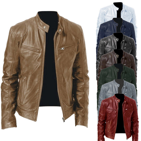 Herren nan schlanke Echtleder-Bikerjacke mit Stehkragen, zwei Brust-Reißverschlusstaschen und geradliniger Silhouette EB