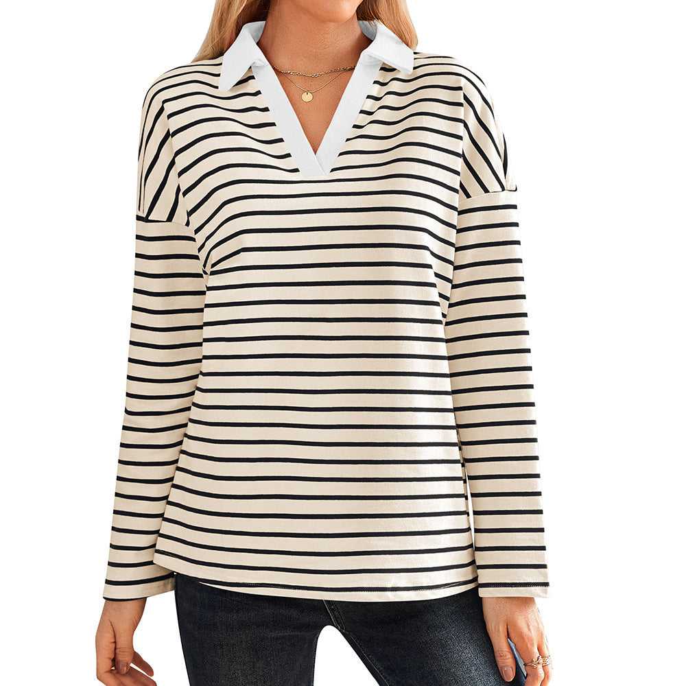 Damen gestreiftes Polo-Shirt mit V-Ausschnitt und kontrastierendem Kragen EB