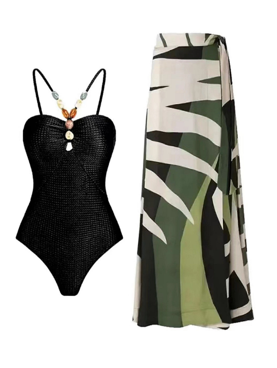 Damen Badeanzug mit elegantem Wickelrock und modischen Schmuckdetails EB