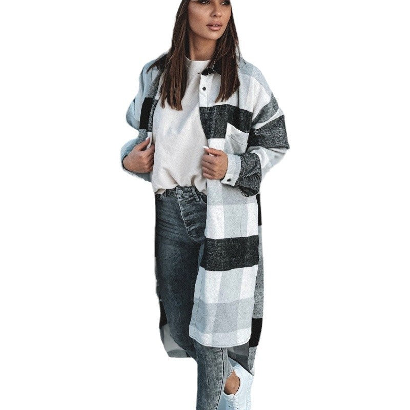 Damen Langer Karo-Wintermantel mit knöpfbarem Design und lockerer Passform EB