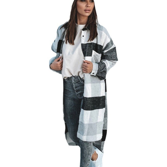 Damen Langer Karo-Wintermantel mit knöpfbarem Design und lockerer Passform EB