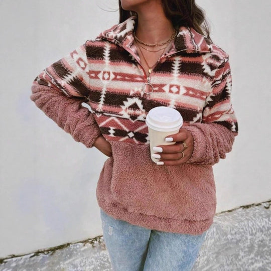 Damen Fleece-Pullover mit modernem Aztekenmuster und Stehkragen EB