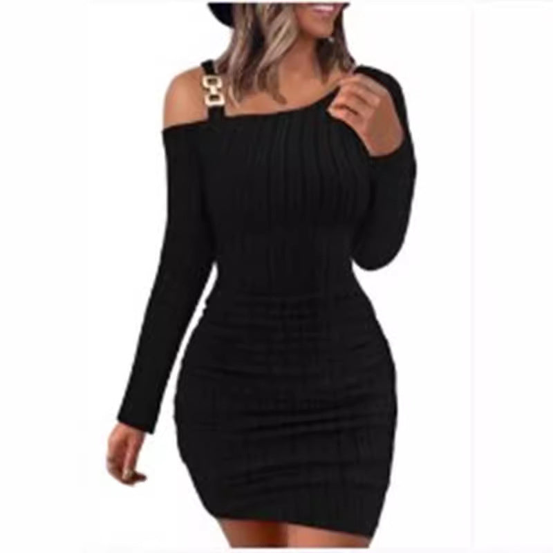 Damen Figurbetontes Strickkleid mit asymmetrischem Schulterdesign und dekorativen Akzenten EB