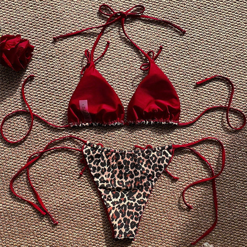 Damen Triangel-Bikini mit detailliertem Tropenmotiv und verstellbaren Bindebändern EB