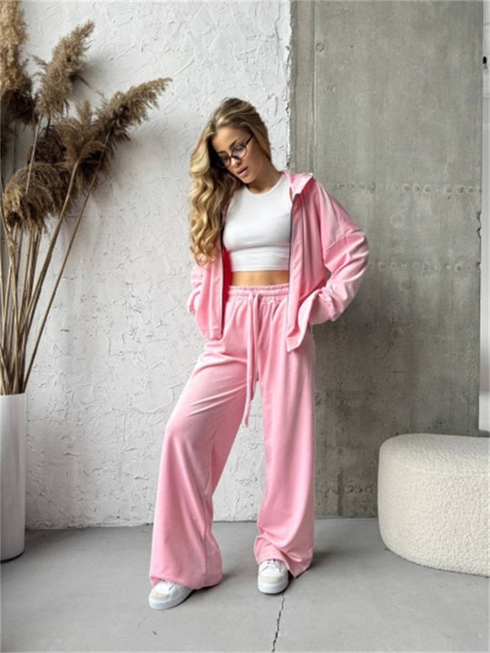 Damen weicher Velours Zweiteiler mit Kapuzenjacke und weiter Jogginghose EB