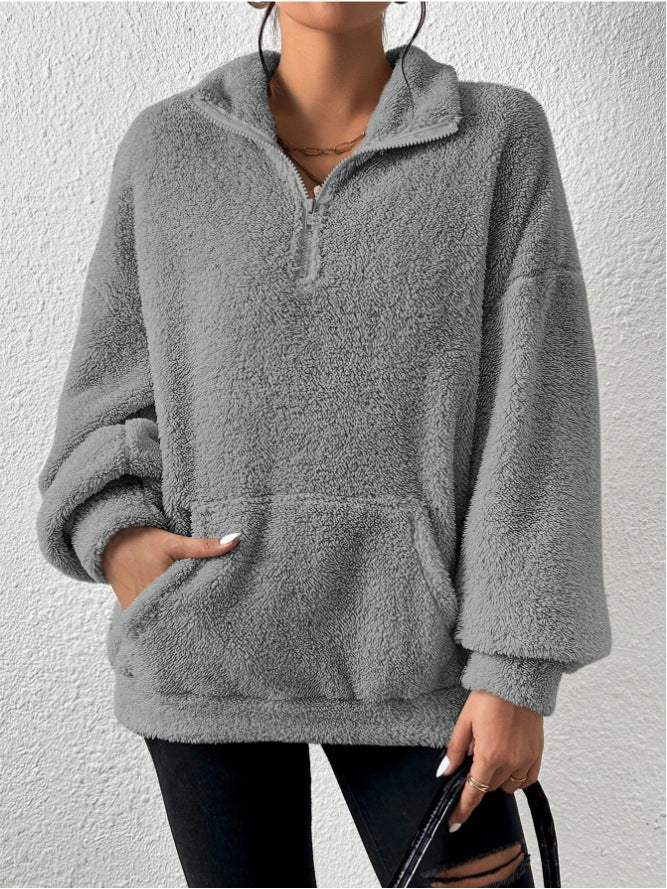 Damen Kuscheliger Fleece-Pullover mit Stehkragen und Eingrifftaschen EB