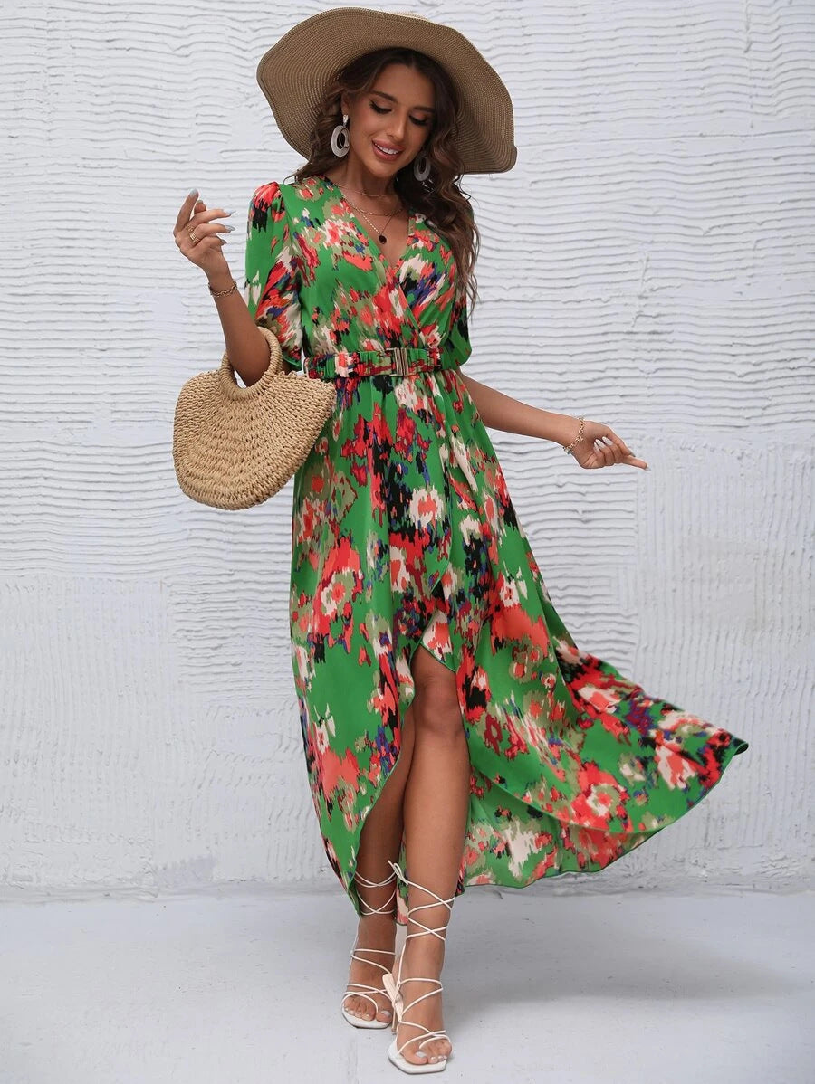 Damen Maxikleid mit asymmetrischem Saum und floralem Print EB