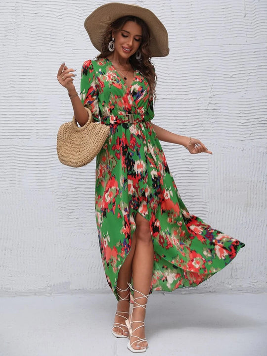 Damen Maxikleid mit asymmetrischem Saum und floralem Print EB