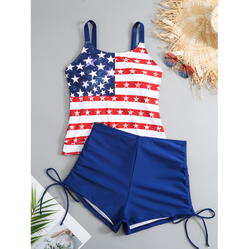 Damen Badeanzug-Set mit patriotischem Design und seitlichen Rüschendetails EB