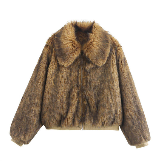 Damen elegante Kunstpelzjacke mit breitem Kragen EB
