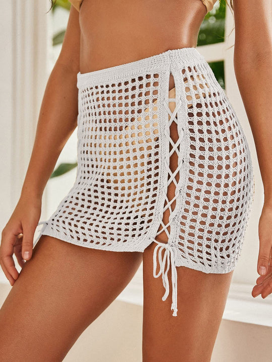 Damen gehäkelter Strandrock mit seitlichen Schnürdetails EB