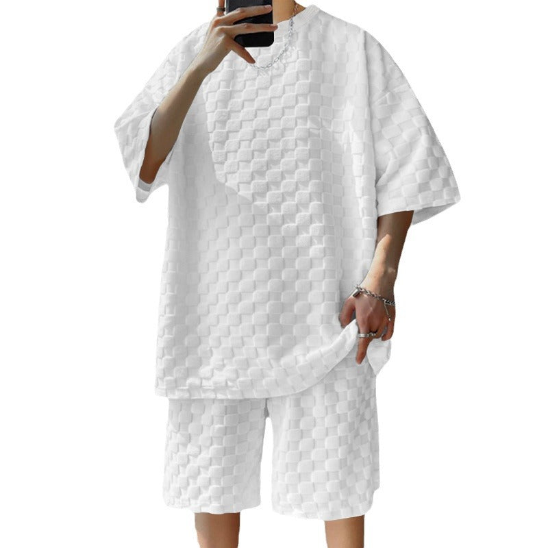 Herren nan oversized Lounge-Set mit strukturierter Waffel-Karo-Optik, Kurzarmshirt und Bermuda-Shorts EB