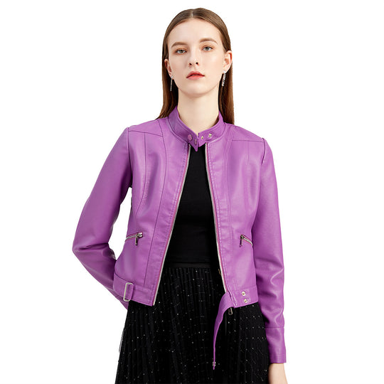 Damen nan kurze taillierte Kunstlederjacke im Racer-Stil mit Stehkragen und Reißverschlusstaschen EB