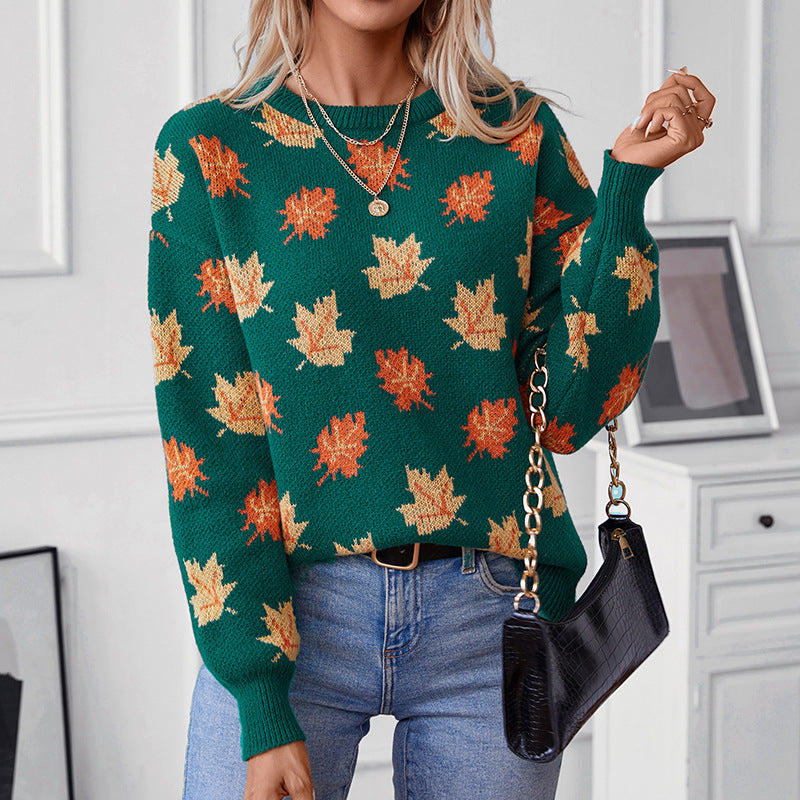 Damen Strickpullover mit strukturiertem Blättermotiv und Rundhalsausschnitt EB