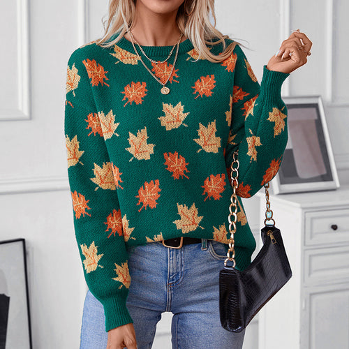 Damen Strickpullover mit strukturiertem Blättermotiv und Rundhalsausschnitt EB