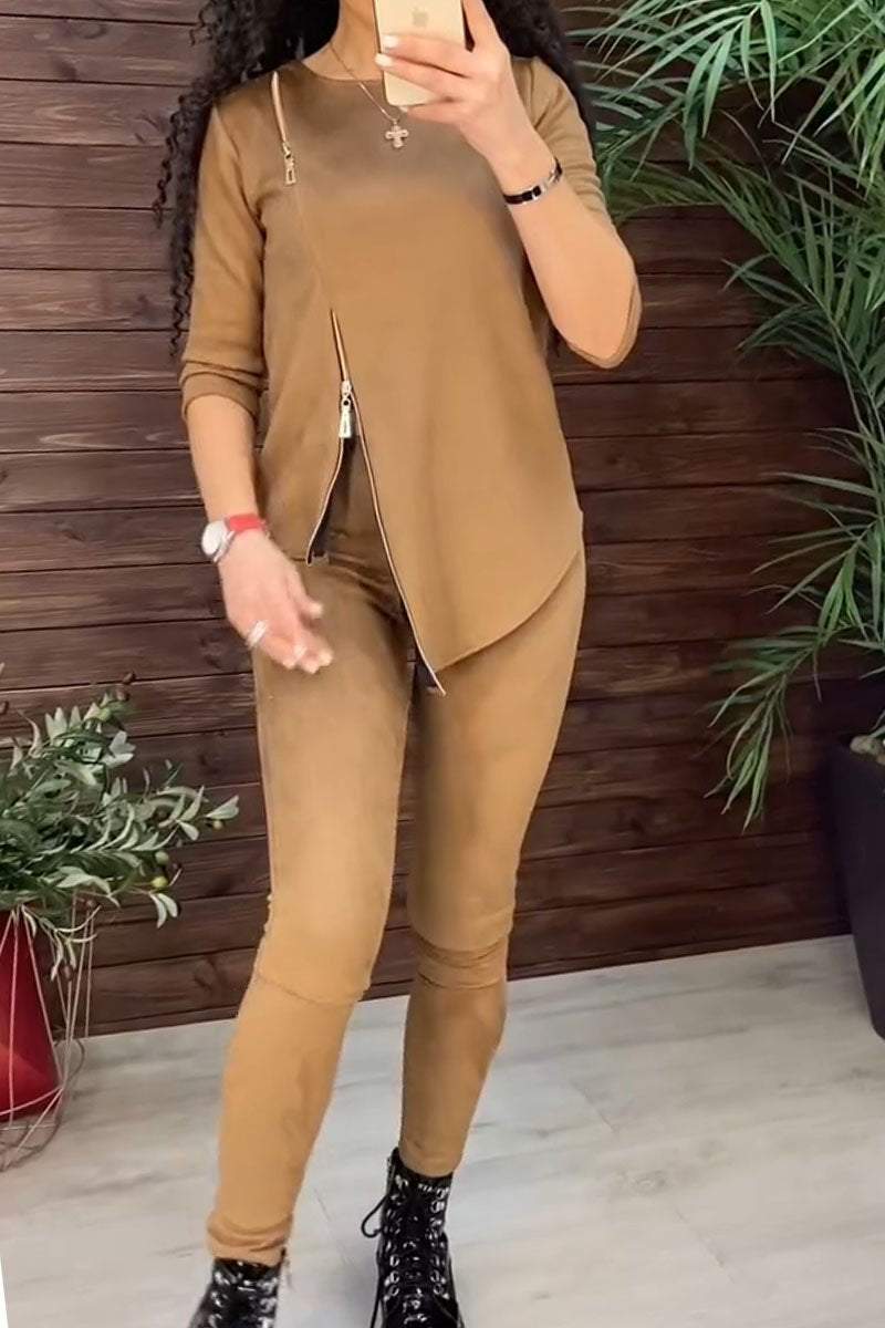 Damen modisches Sportanzug-Set mit asymmetrischem Reißverschluss EB