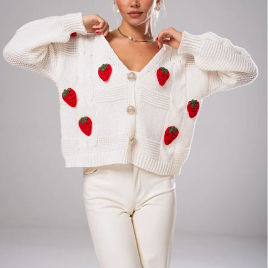 Damen Kurzgeschnittene Strickjacke mit V‑Ausschnitt und gehäkelten Erdbeerapplikationen EB