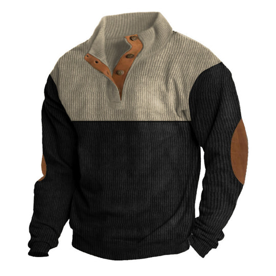 Herren nan grober Rippstrick-Pullover mit Stehkragen, Knopfleiste und markanten Ellenbogenpatches EB