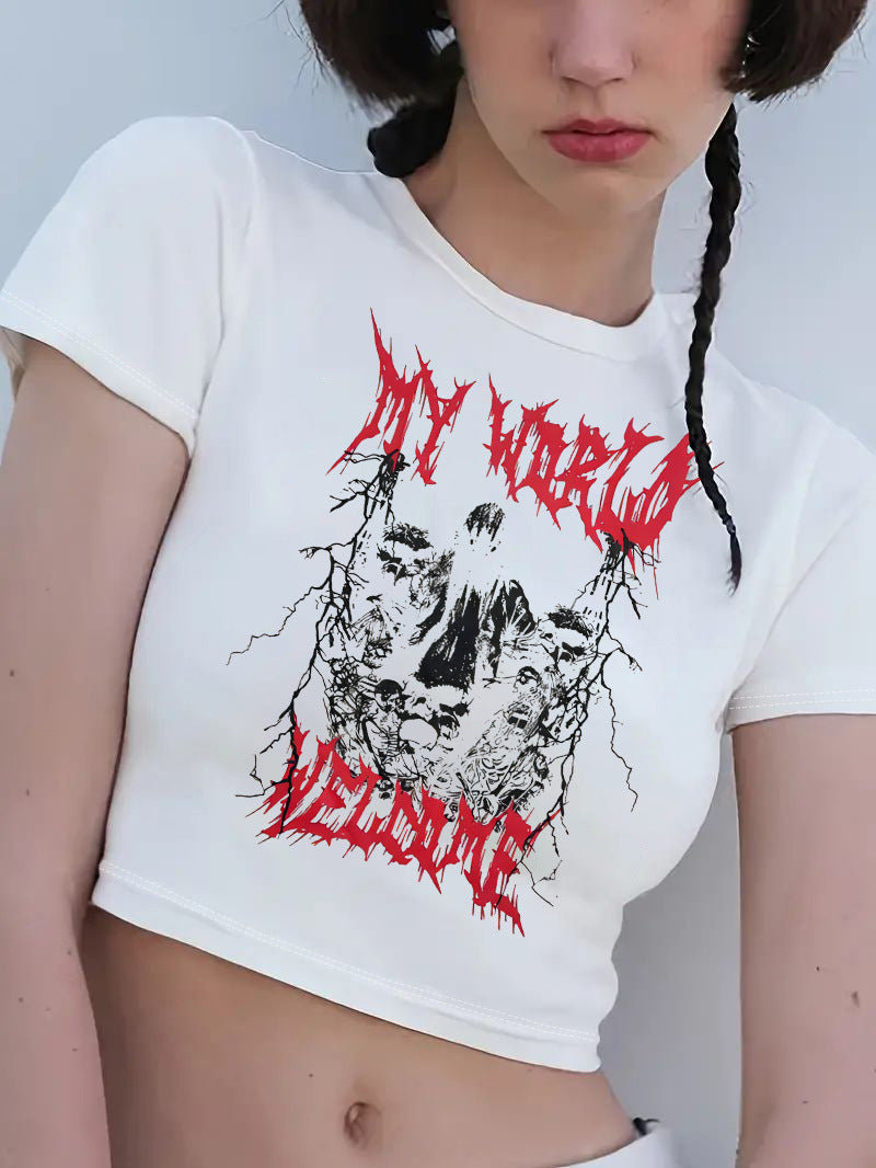 Damen Crop-T-Shirt mit kreativem Skelettdesign und inspirierendem Schriftzug EB