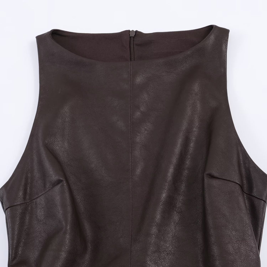 Damen ärmelloses Kunstlederkleid mit voluminösem Rock EB