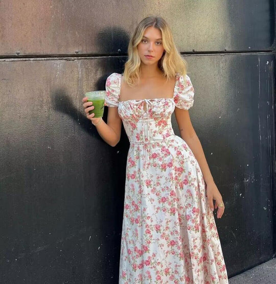 Damen Sommerliches Blumenkleid mit hochgeschlossenem Ausschnitt und Puffärmeln EB