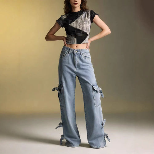 Damen Weite Cargo-Jeans mit Bindebändern