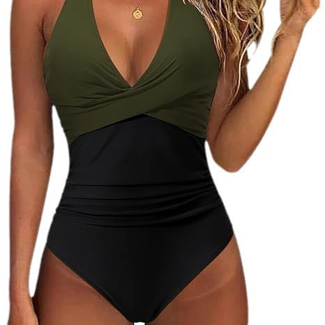 Damen Hochtaillierter Badeanzug mit tiefem V-Ausschnitt und floralem Design EB