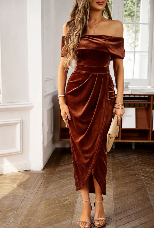 Damen Elegantes Off-Shoulder-Midi-Kleid mit Drapierung EB