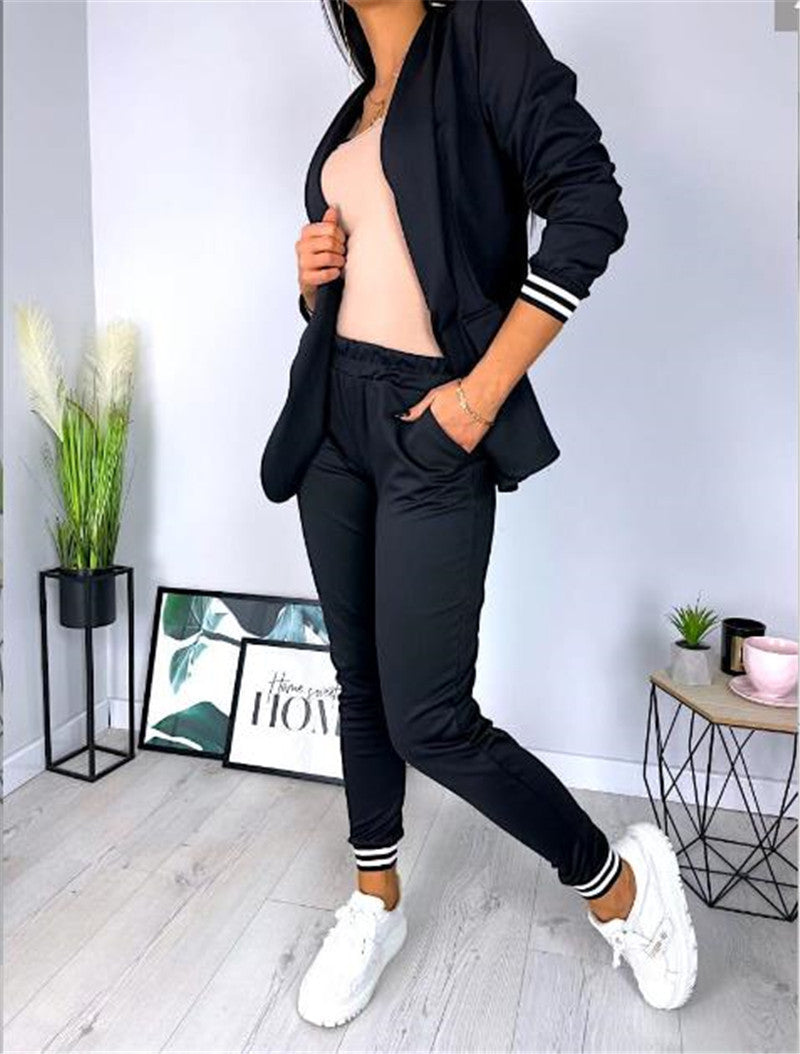 Damen nan sportlich-elegantes Blazer-Jogginghose Zweiteiler mit elastischem Bund und Bündchen EB