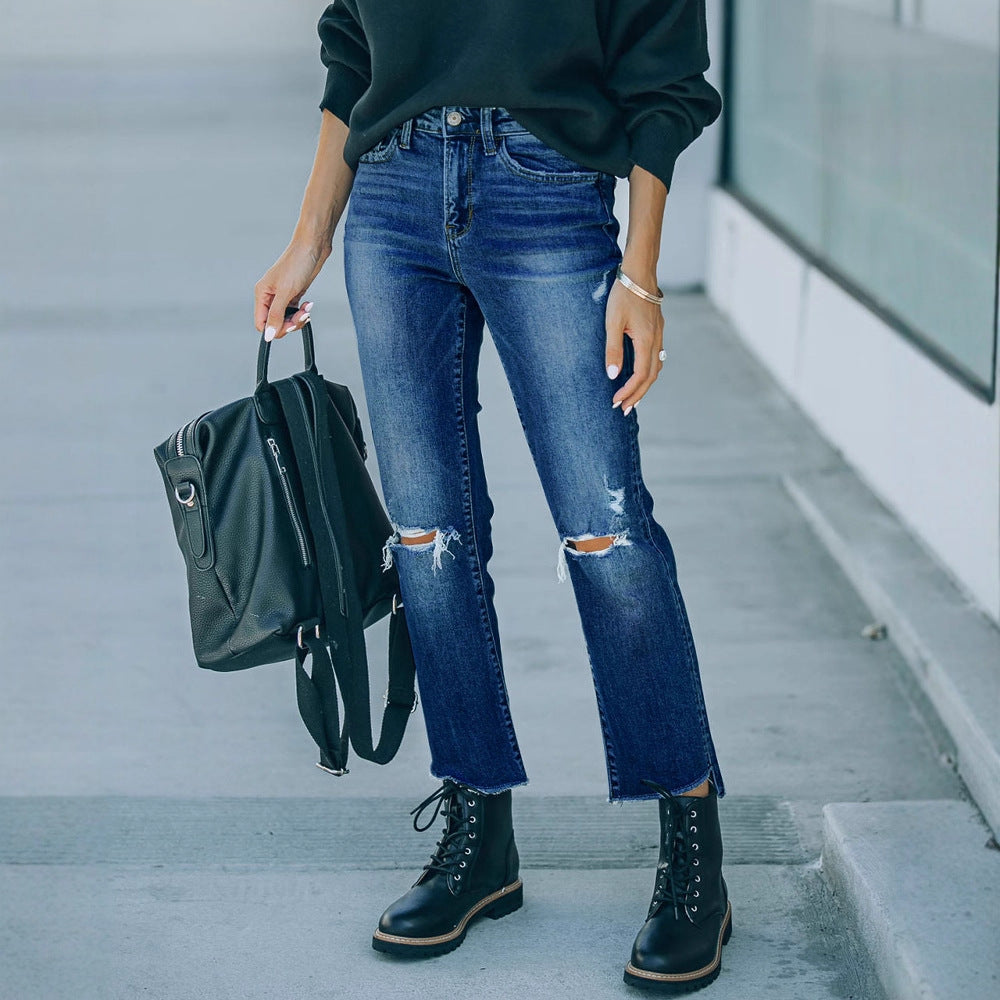 Damen Mom-Jeans im lässigen Used-Look mit modischen Rissen EB