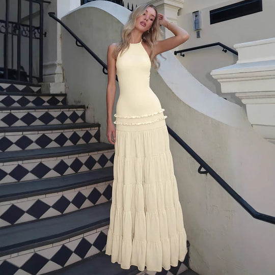 Damen Elegantes Spaghetti-Träger Maxikleid mit Rüschendetails EB