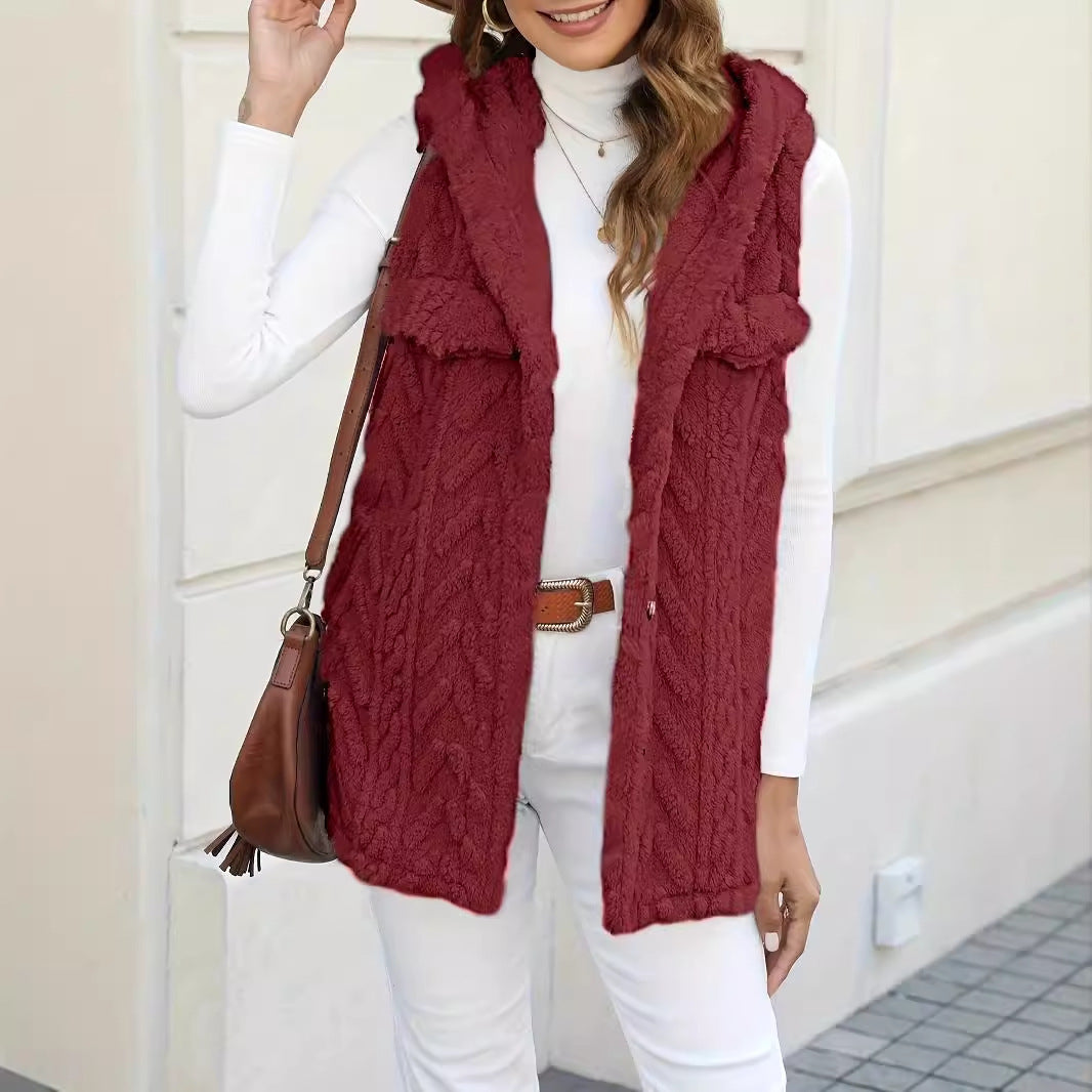 Damen lange Strickweste mit kapuze und aufgesetzten Taschen EB