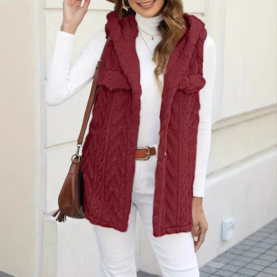 Damen lange Strickweste mit kapuze und aufgesetzten Taschen EB