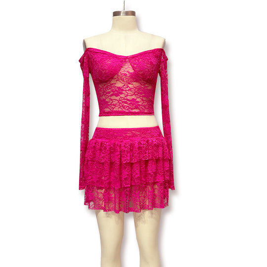Damen Verspieltes Spitzenkleid mit transparenten Ärmeln und gestuftem Rock EB