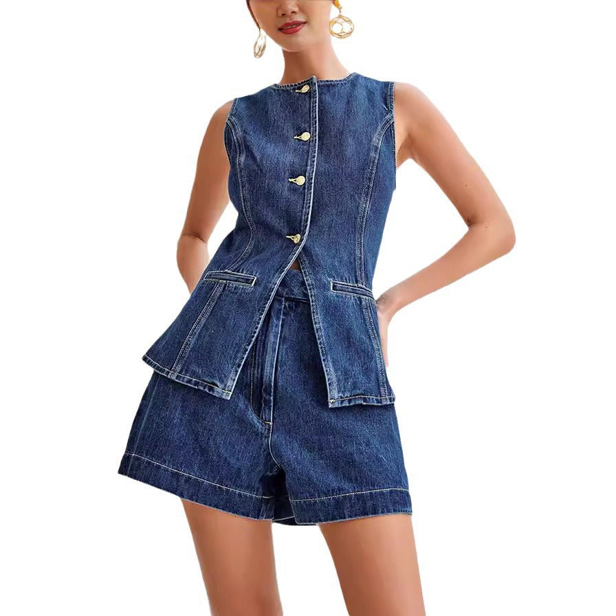 Damen Denim Weste mit Shorts EB