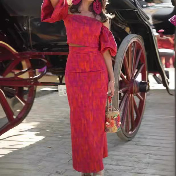 Damen figurbetontes Maxikleid mit Puffärmeln und elegantem V-Ausschnitt EB