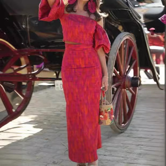 Damen figurbetontes Maxikleid mit Puffärmeln und elegantem V-Ausschnitt EB