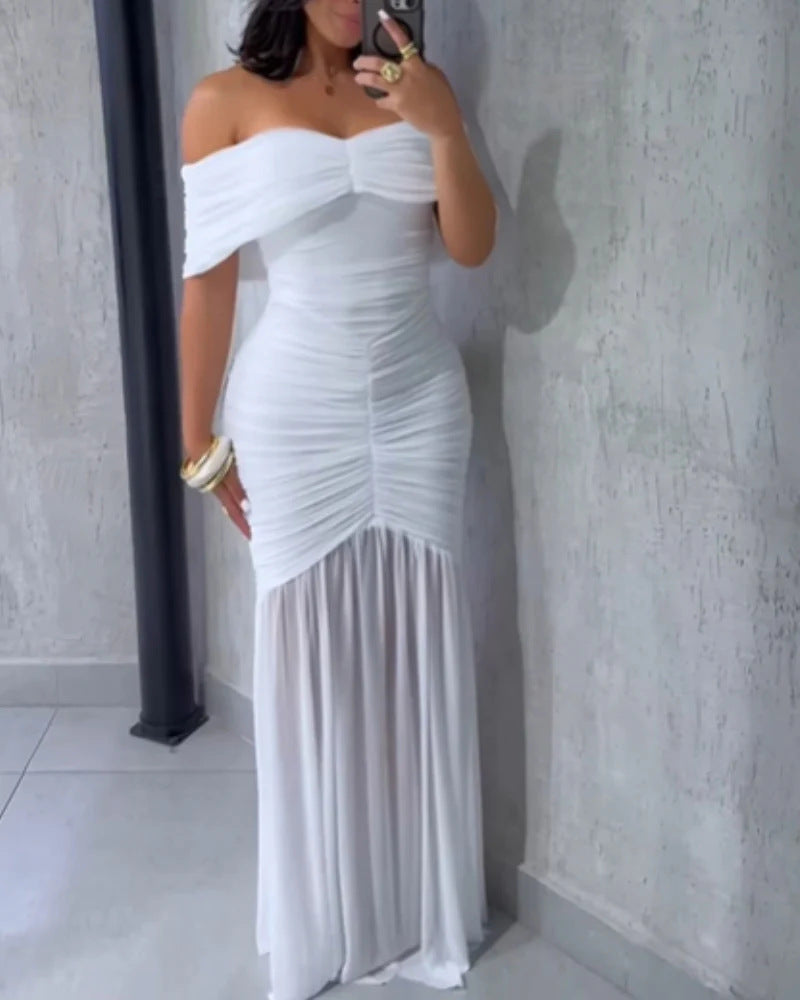 Damen Off-Shoulder Maxikleid mit elegantem Raffungseffekt EB