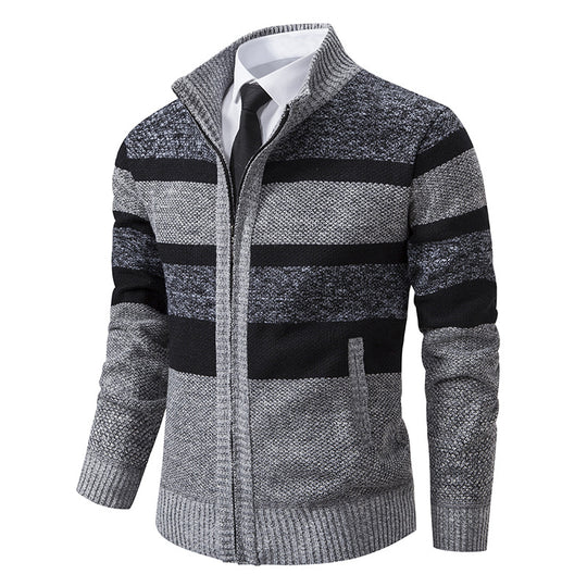 Herren Strickjacke mit Stehkragen und modernem Streifenmuster EB