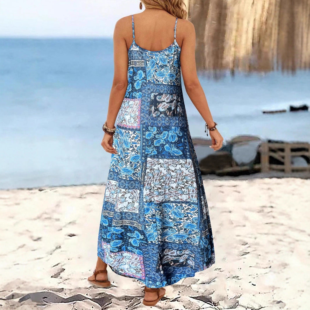Damen Langärmliges Sommermaxikleid mit floralem Design und Spaghetti-Trägern EB
