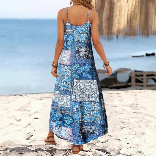 Damen Langärmliges Sommermaxikleid mit floralem Design und Spaghetti-Trägern EB