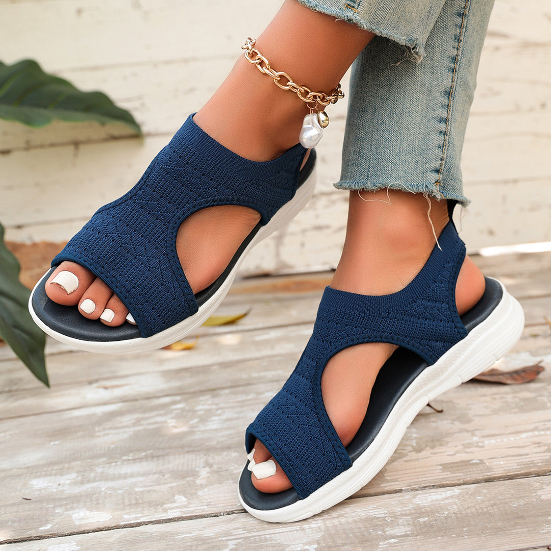 Damen sportliche Zehentrenner-Sandalen mit atmungsaktivem Strickdesign und elastischen Riemen EB