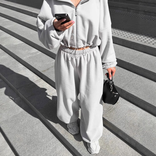 Damen oversized Kapuzenjacke mit Reißverschluss und weiten Jogginghose Lounge-Set EB