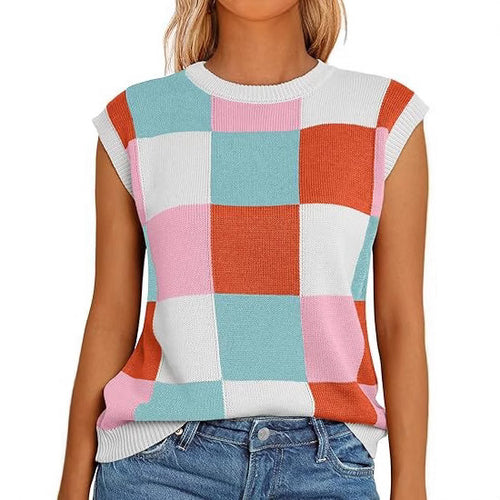 Damen lässiges ärmelloses Pullover-Top mit karierter Musterung EB